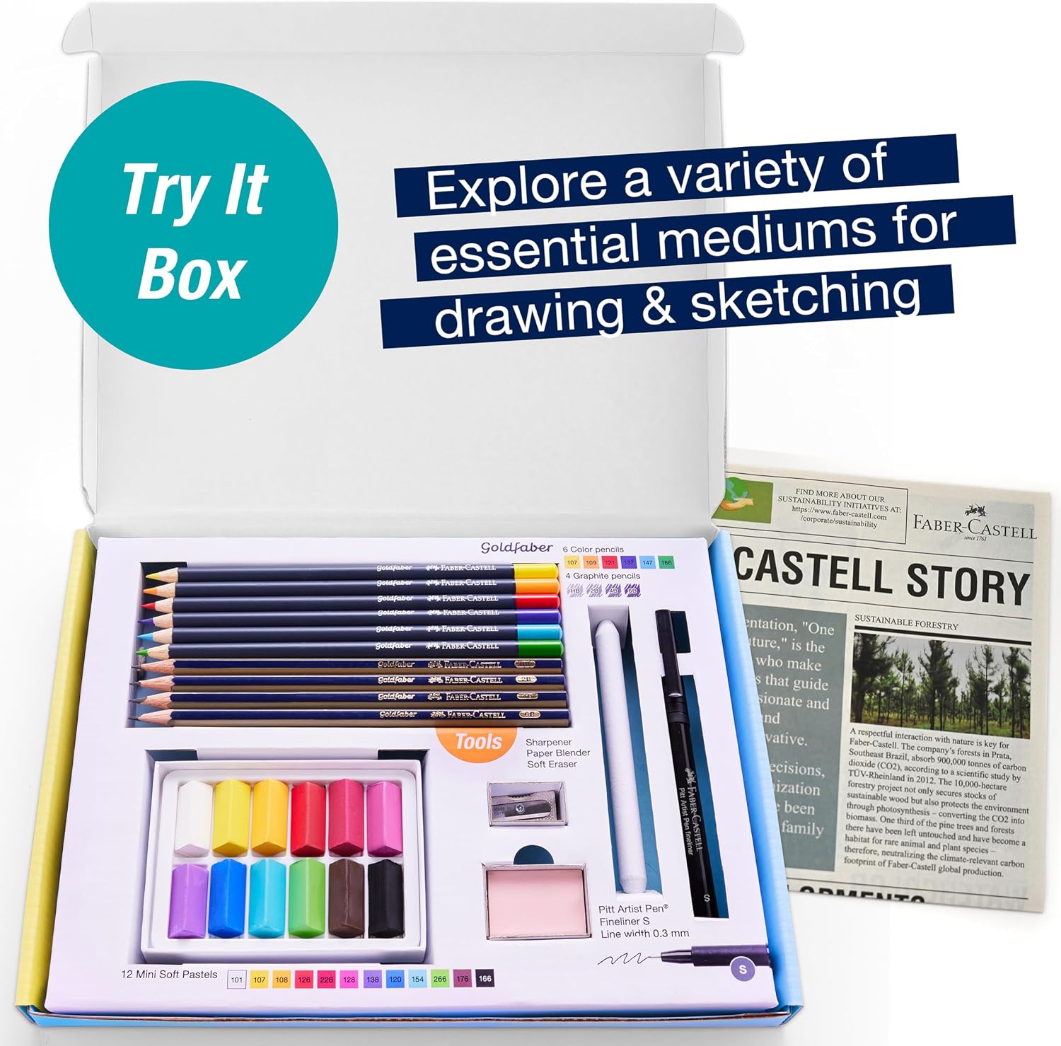Faber-Castell Try It Box: Dry Mediums, 26 Piece Sketching Coloring Art Set with Colored Pencils, Graphite Pencils, Pastels, Pitt Artist Pen and Art Tools