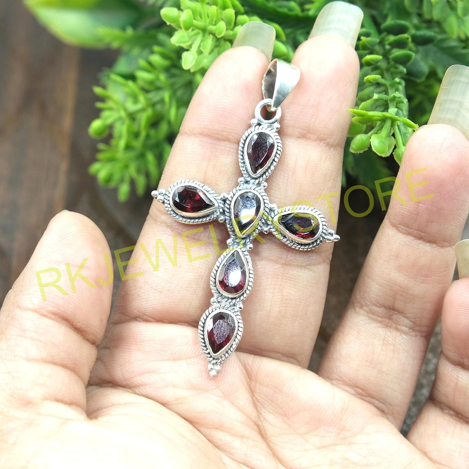 Natural Red Garnet Cross Pendant Pure 925 Sterling Silver Handmade Statement Pendant Garnet Gift Jewelry for Girlfriend Women