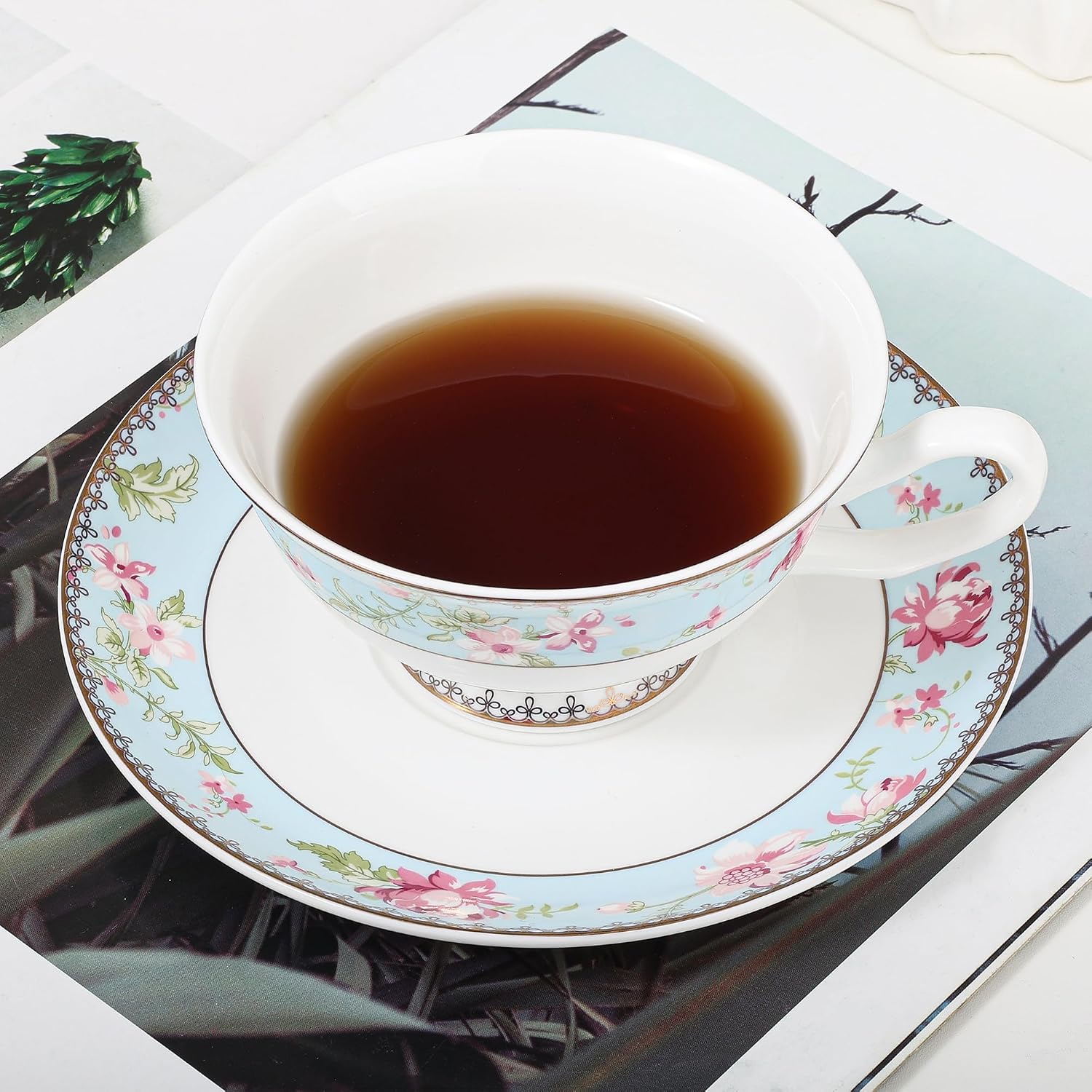 fanquare 6.8 oz Pink Floral Bone China Cup and Saucer Set with Spoon
