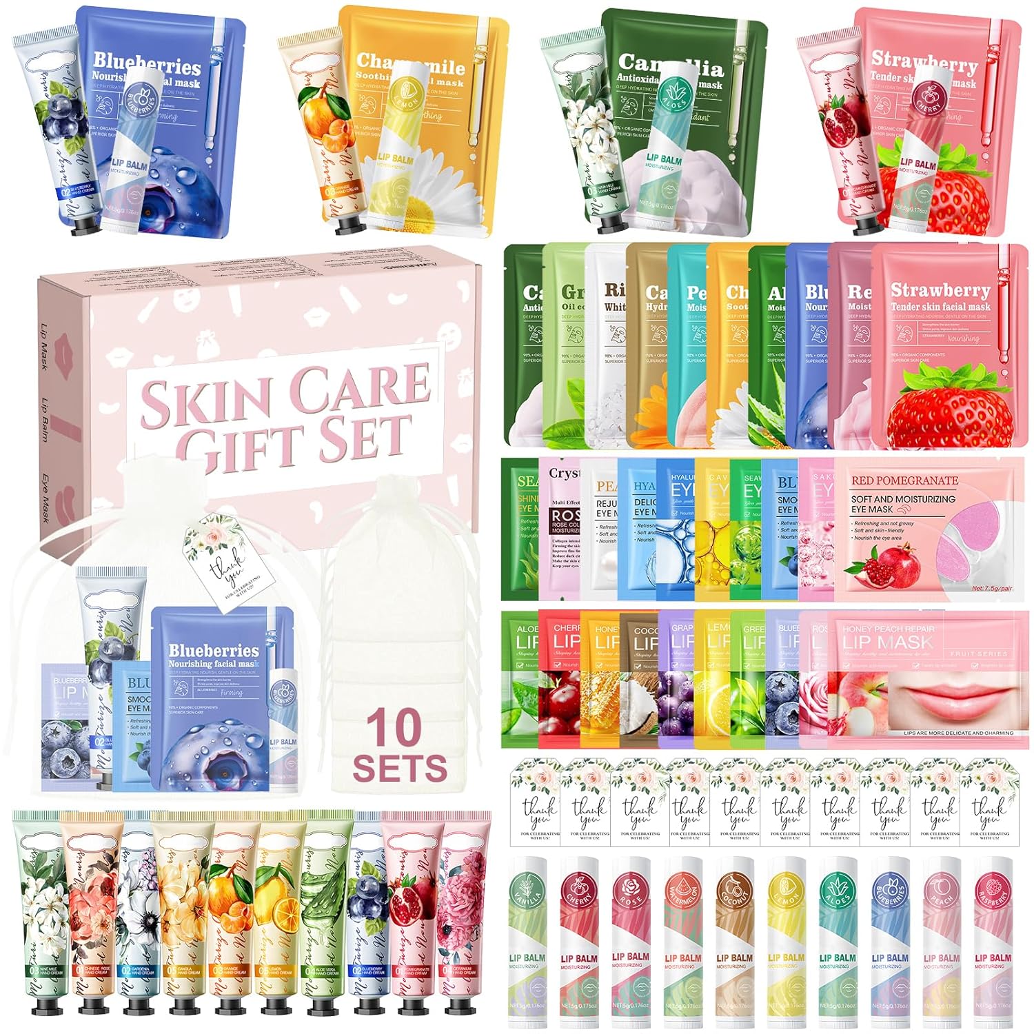 JAOJAO 70PCS Spa Party Supplies for Women, Spa Party Favors with Hand Cream, Lip Balm, Face Masks, Under Eye Patches, Lip Mask, Organza Bag and Thank You Card Used for Women Girlfriend Wife Mother