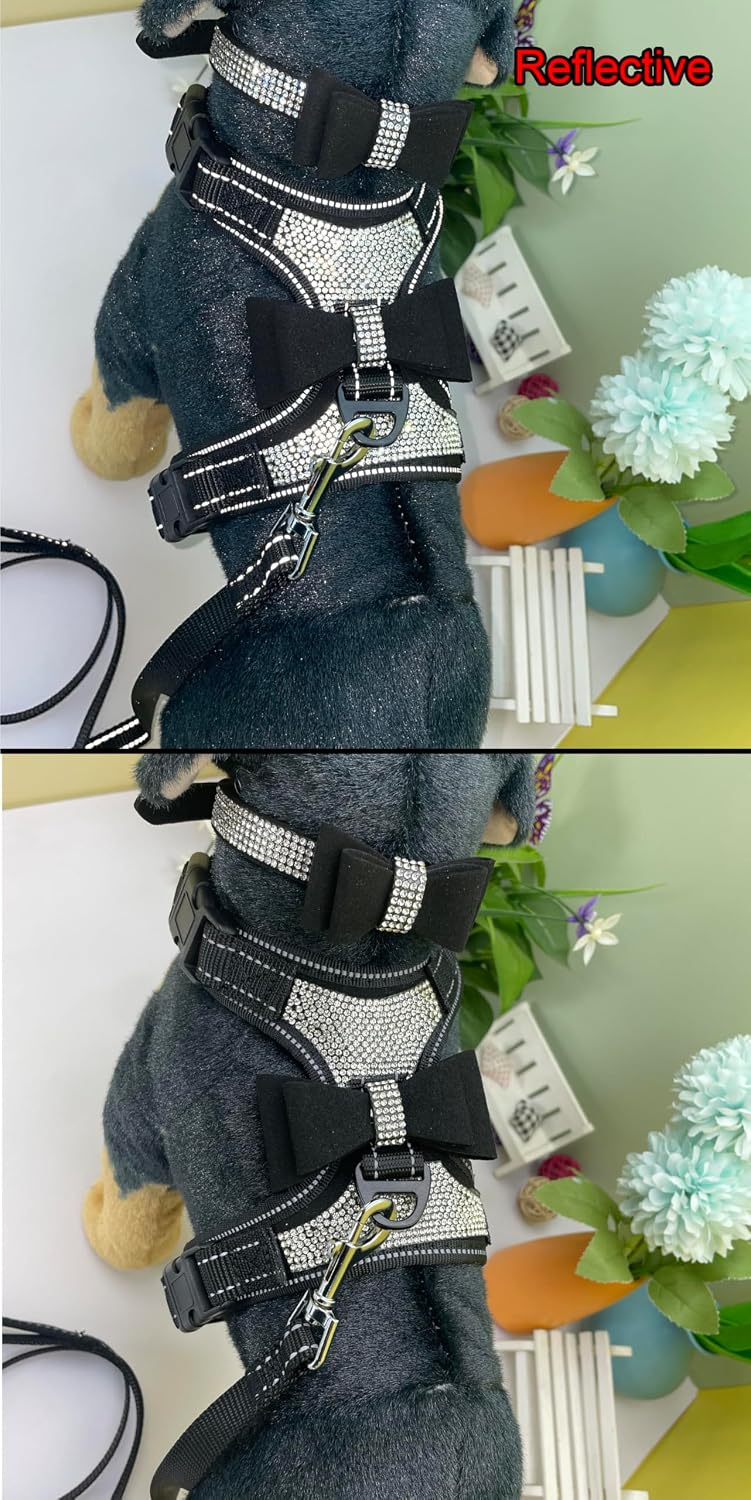 3pcs Bow Ties Bling Cute Dog Harness and Dog Collar with Lead for Dog - Black - M