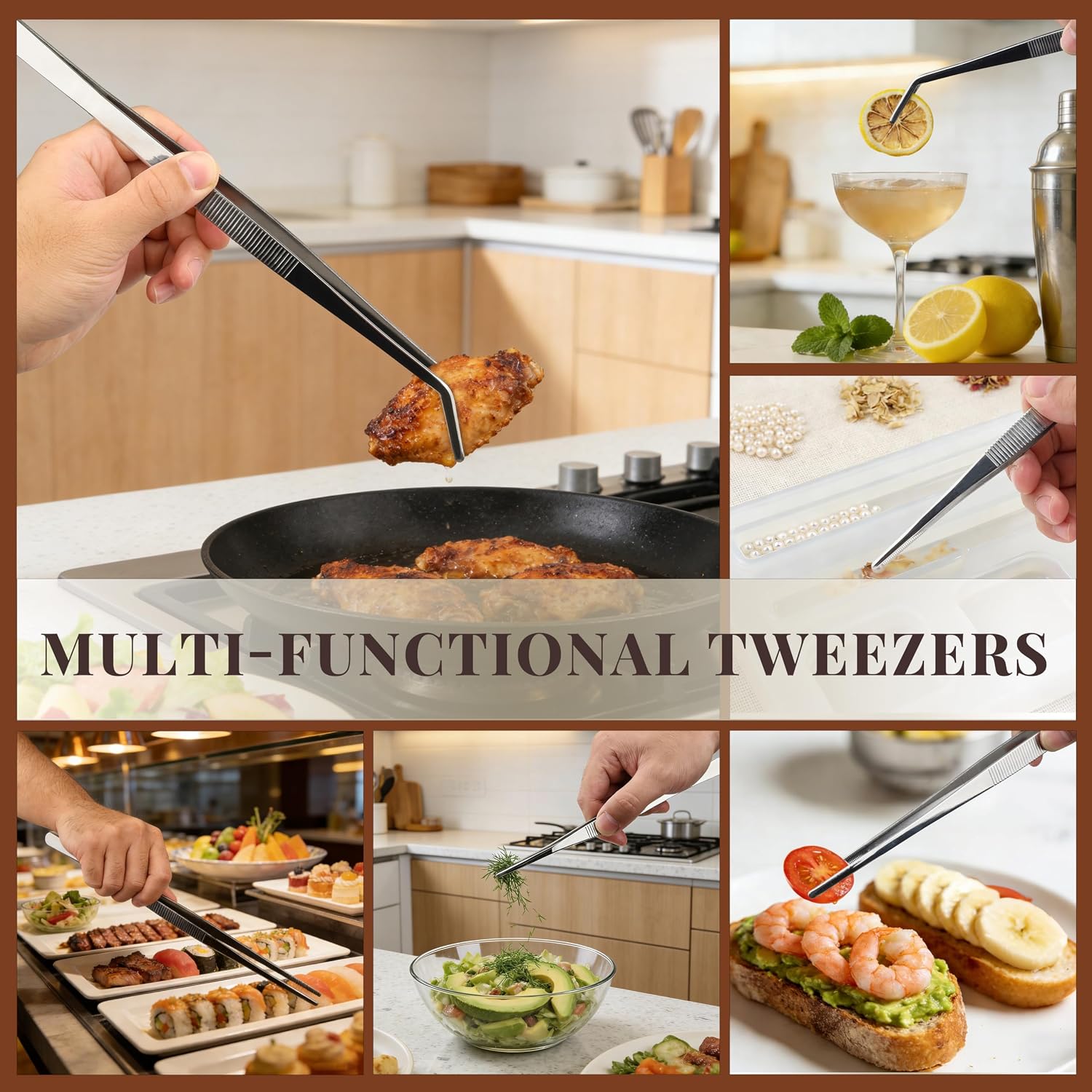 Cooking Tweezers Set of 4, Stainless Steel, Straight & Bent Tips