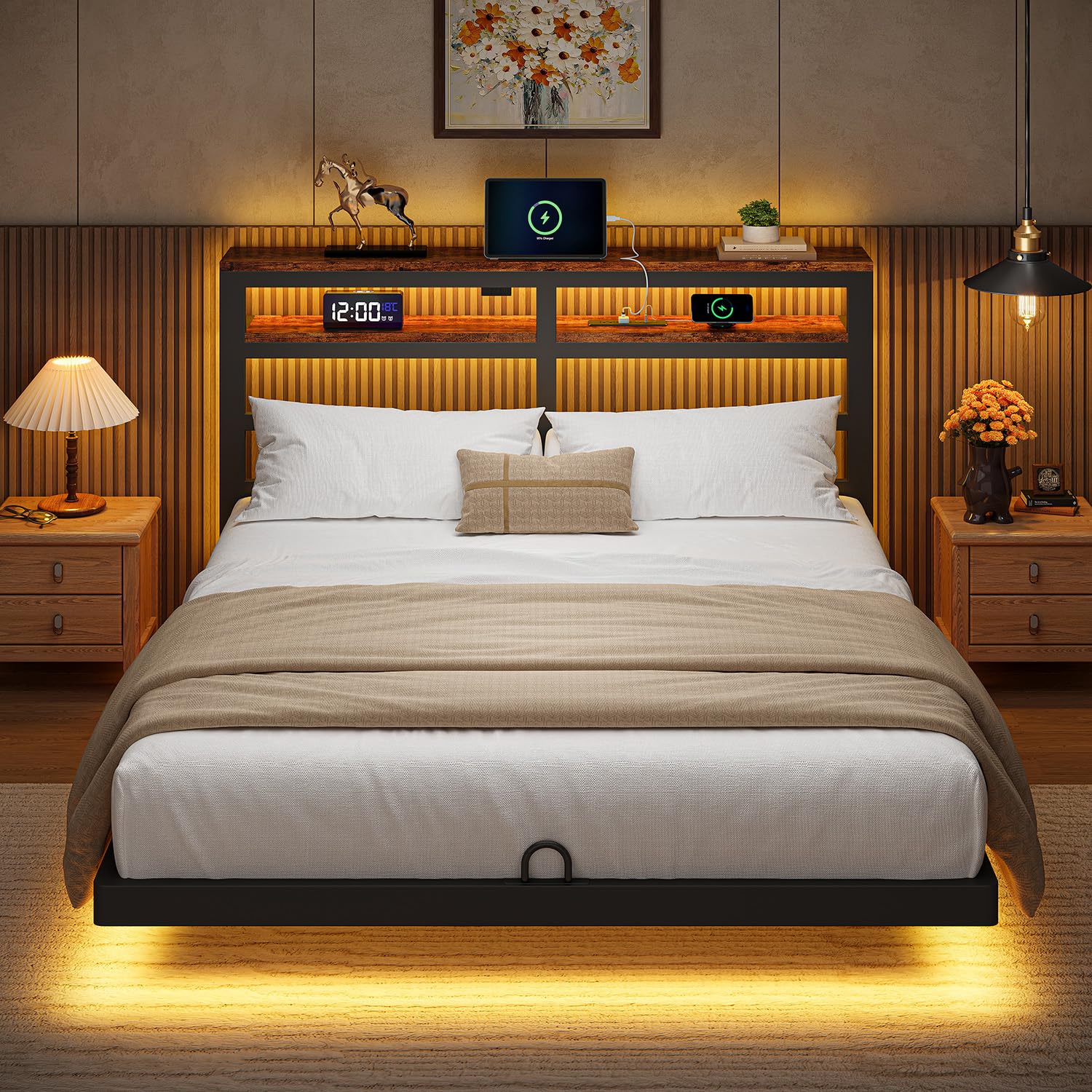 kozfrn Floating Bed Frame Full Size with Storage Headboard,Modern Metal Platform with Smart LED Lights and Charging Station,Metal Slat Support,No Box