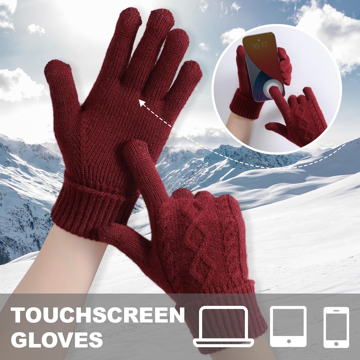 Winter Gloves Women - Warm Fleece Lined Winter Gloves with Touchscreen Fingers, Gloves for Women Cold Weather, Burgundy 1