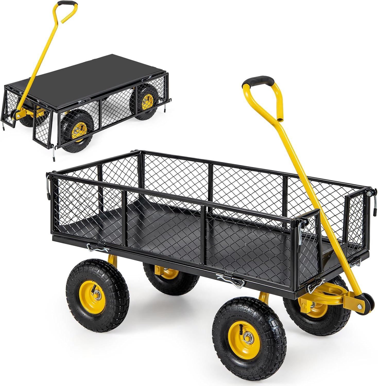 Goplus 3-in-1 Heavy Duty Garden Cart: 900 LBS Mesh Steel Utility Wagon, Removable Sides, 10" Pneumatic Tires, Adjustable Handle for Yard Farm Patio