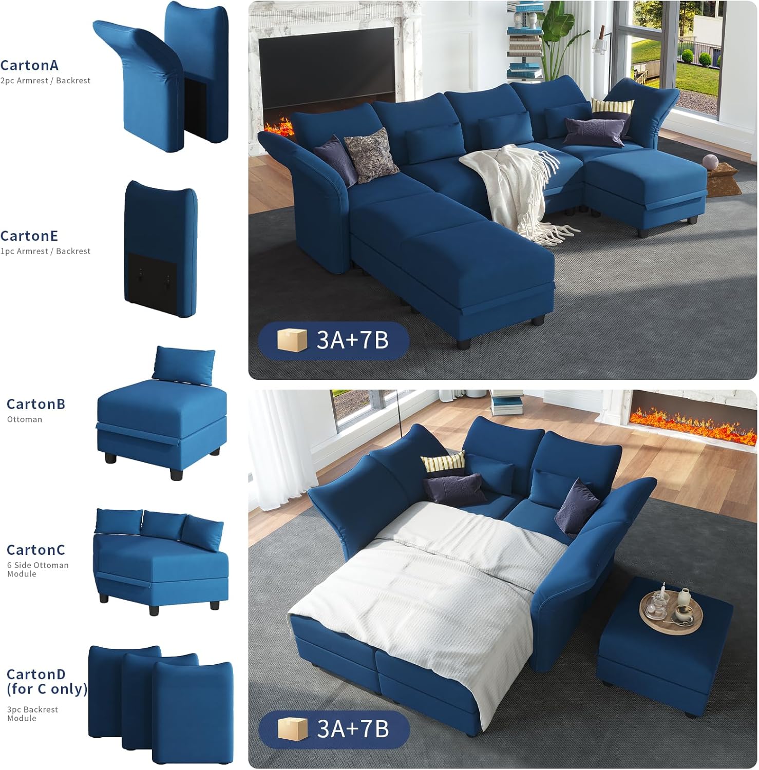 LLappuil Velvet Modular Sectional Sofa L Shaped Curved Couch with Storage, Adjustable Armrest & High Back, Anti-Scratch, Blue | Ample Storage Space, Pet-Friendly Fabric, Plush Cushions