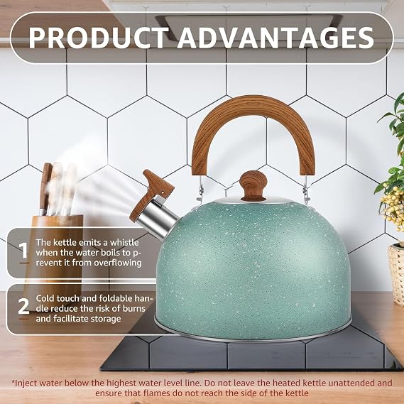 Whistling Tea Kettle for Stovetop, 2.6 Quart Stainless Steel Teapot with Stay Cool Handle, Fast Boiling Tea Pot Large Capacity Teapot Stovetop Water Boiler Tea Kettle for Home Kitchen(Green)