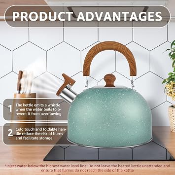 Whistling Tea Kettle for Stovetop, 2.6 Quart Stainless Steel Teapot with Stay Cool Handle, Fast Boiling Tea Pot Large Capacity Teapot Stovetop Water Boiler Tea Kettle for Home Kitchen(Green)