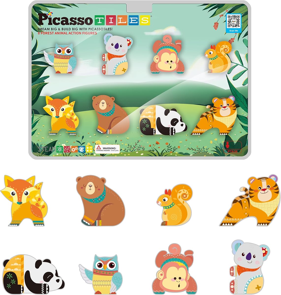 PicassoTiles Azulejos magnéticos Personajes de animales del bosque, Complementos de azulejos, Edad 3+ | Zorro, oso pardo, ardilla, tigre, panda, búho, mono, koala, imanes incorporados, superficies sin BPA, narración de cuentos, aprendizaje STEM