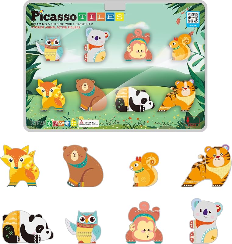 PicassoTiles Azulejos magnéticos Personajes de animales del bosque, Complementos de azulejos, Edad 3+ | Zorro, oso pardo, ardilla, tigre, panda, búho, mono, koala, imanes incorporados, superficies sin BPA, narración de cuentos, aprendizaje STEM