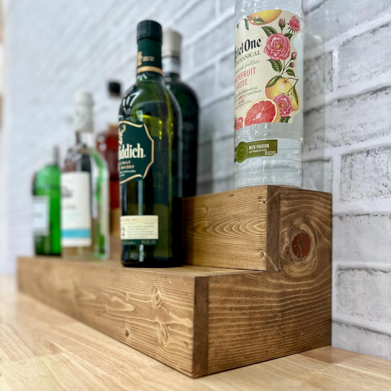 Tiered Bottle Shelf | 2 Tier Liquor Bottle Display | Bar Organization | Display Shelf | Wine Shelf | Bar Display | Kitchen Counter Shelf (36, Early American)