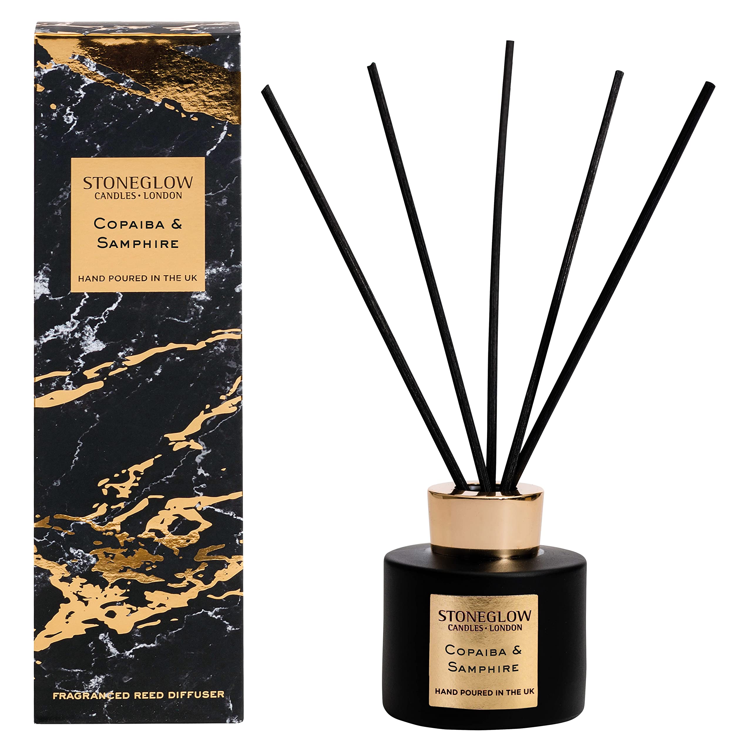 Stoneglow Black And Gold Luna Collection Copaiba & Samphire Scented Reed Diffuser 120Ml – Ocean Spray, Peppermint & Eucalyptus Scents, Lasts 10 Weeks, 10 Rattan Reed Diffuser Sticks, Refillable Home Fragrance