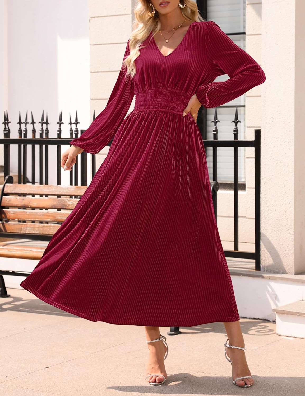 ZESICA Women's Velvet Midi Dress 2026 Casual V Neck Long Sleeve Solid Color Elastic High Waist Flowy Evening Party Dresses - Image 3