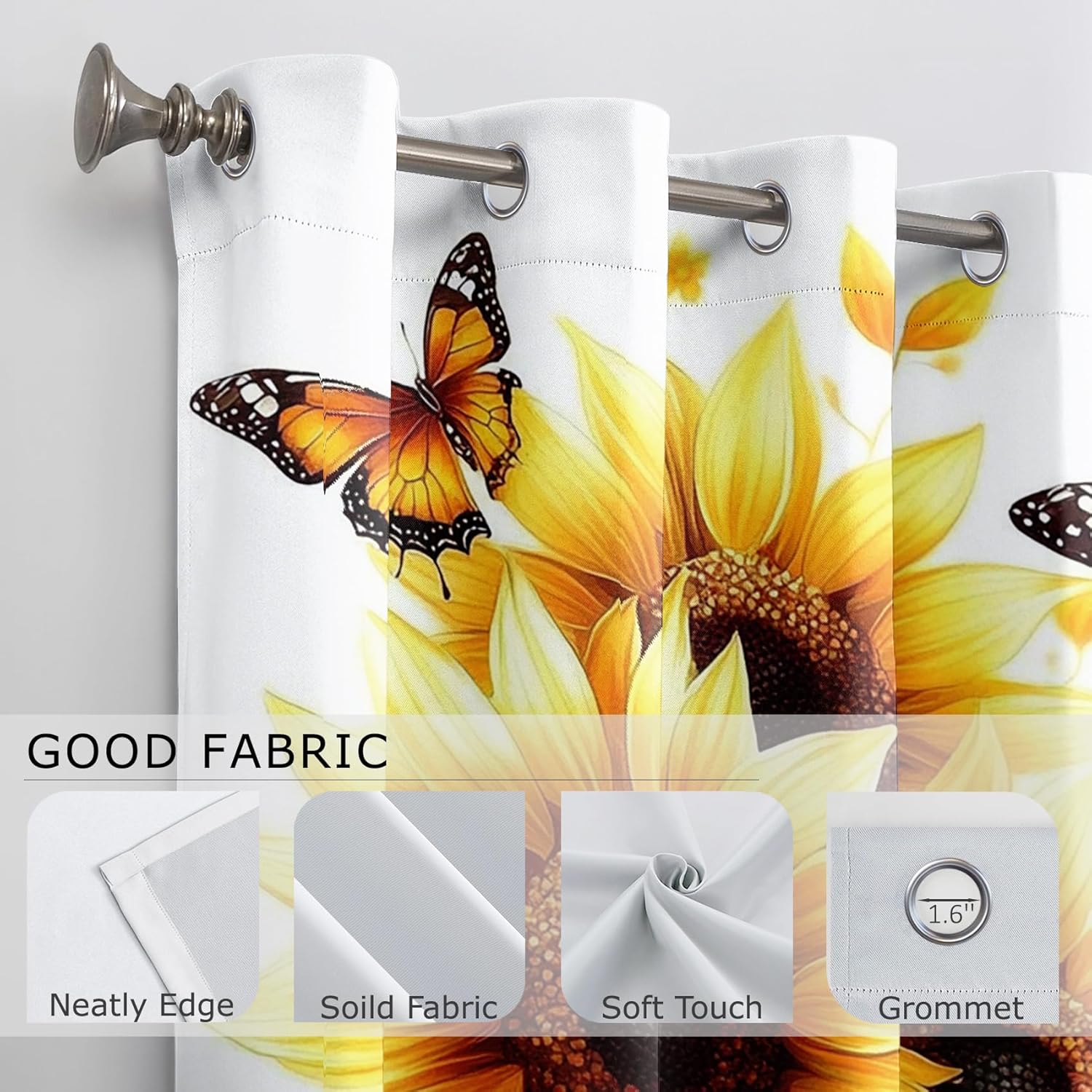 Sunflower Curtains Blackout, Room Darkening Thermal Insulated Grommet Drapes for Bedroom Living Room, Butterfly Yellow Flower Patterned Window Treatments, 45 Inch Curtains 2 Panel Set