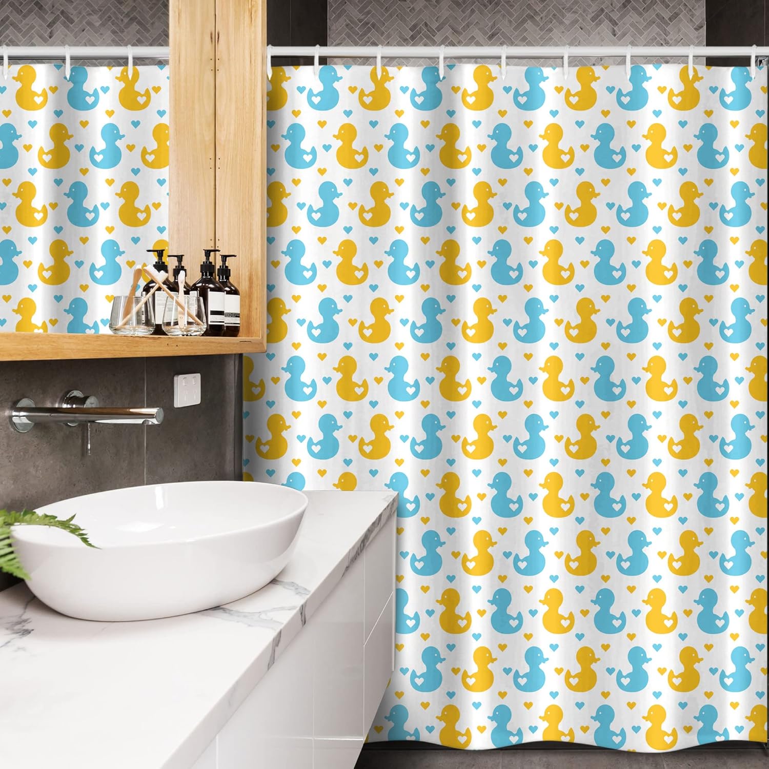 Ambesonne Rubber Duck Stall Shower Curtain, Ducklings Pattern with Little Hearts Love Animals Print Room, Fabric Bathroom Decor Set with Hooks, 54" W x 78" L, Yellow Blue