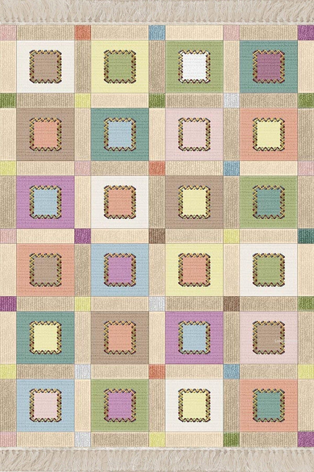Pelangi Kırkyama Patchwork Desenli Etnik Dijital Baskı Yıkanabilir Kaymaz Taban Salon Halı ve Yolluk, Bej 80 x 50