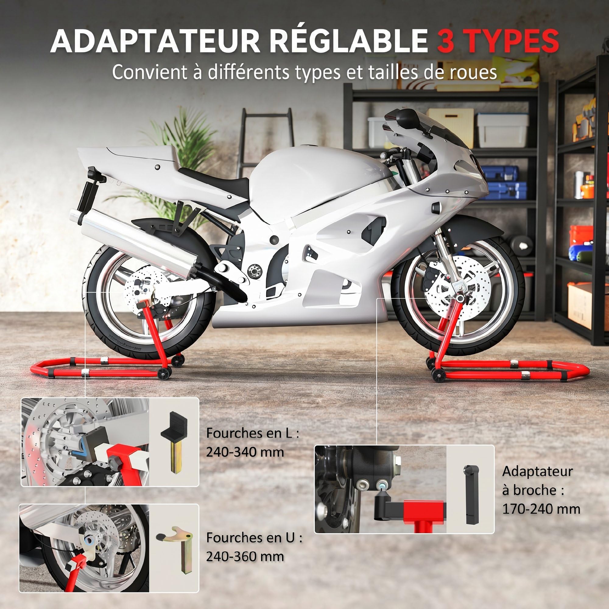 HOMCOM Béquille Roue Avant Arrière Charge 390 kg Bras Réglable Rouge | Béquille d'Atelier Moto, En Acier, Lève-Moto Fourche en Forme de U + L, Réparation Entretien Stockage Domicile