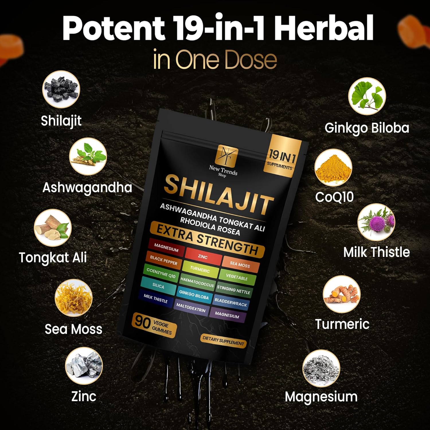 Shilajit Gummies 19 in 1 with Sea Moss, Ashwagandha, Tongkat Ali - Shilajit Pure Himalayan Organic Fulvic Acid Gummies- 90 Count - Image 3