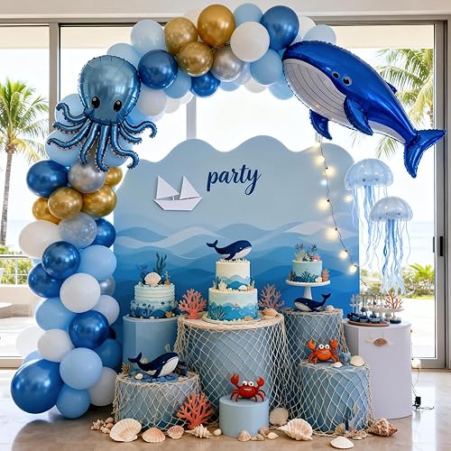 Vista 6 de Globos azules y dorados, 12 pulgadas, globos pastel azul bebé metálico, globos metálicos azules metálicos dorados y blancos de látex para cumpleaños