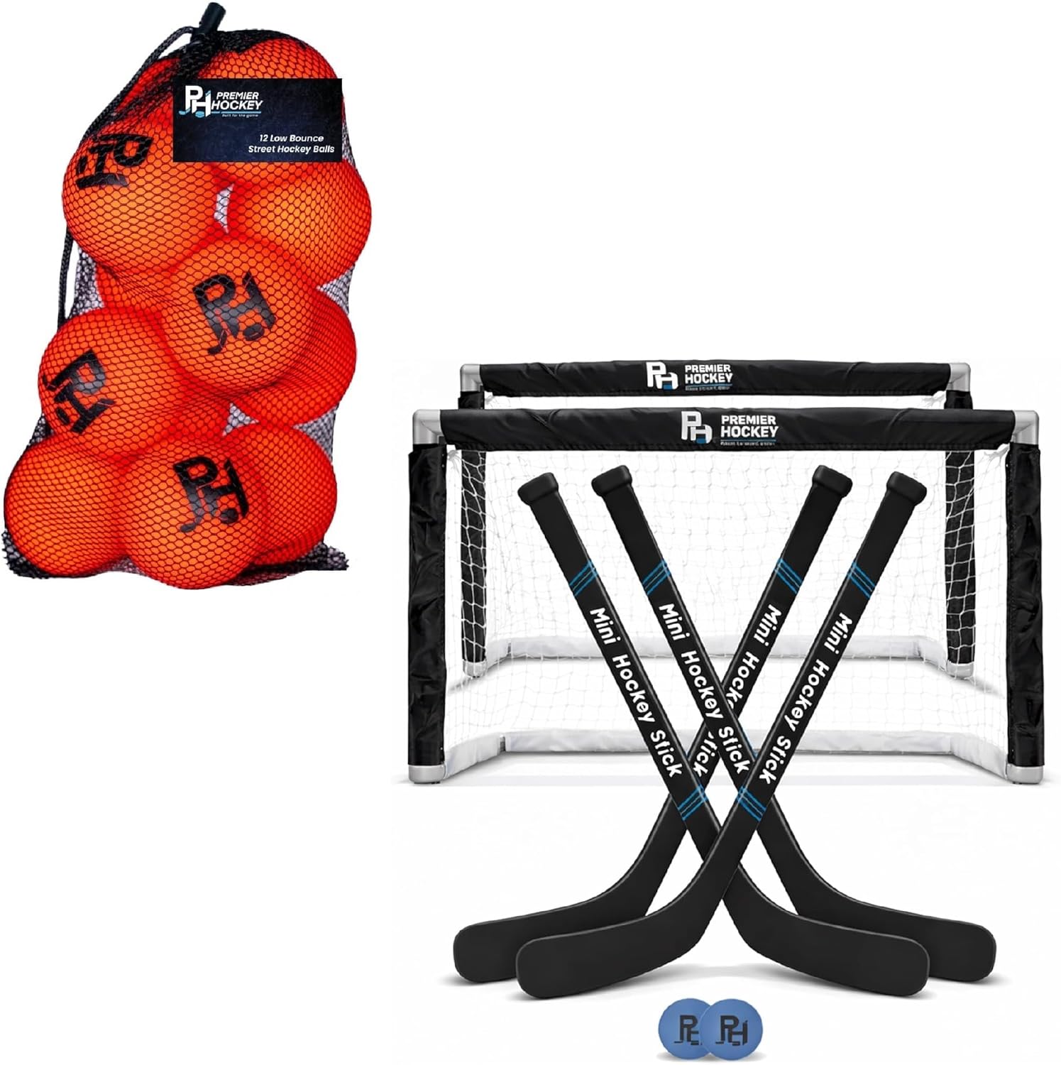 Premier Sports – Bundle Mini Hockey Set – 4-Player Indoor Kit with (2) Mini Goals, (4) Mini Sticks, and (2) Foam Balls + 12-Pack All-Weather Street Hockey Balls