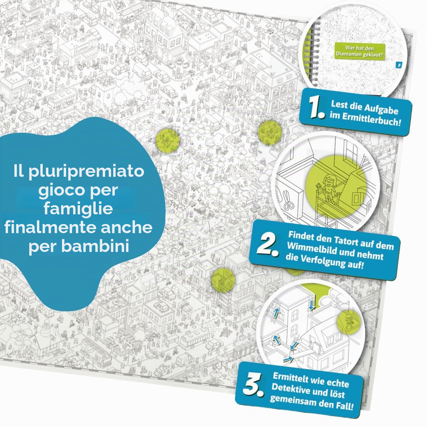 Edizione parco giochi, MicroMacro Kids: il pazzo parco cittadino, gioco di famiglia per giovani detective, emozionante avventura di oggetti nascosti, favorisce il lavoro di squadra e la creatività,