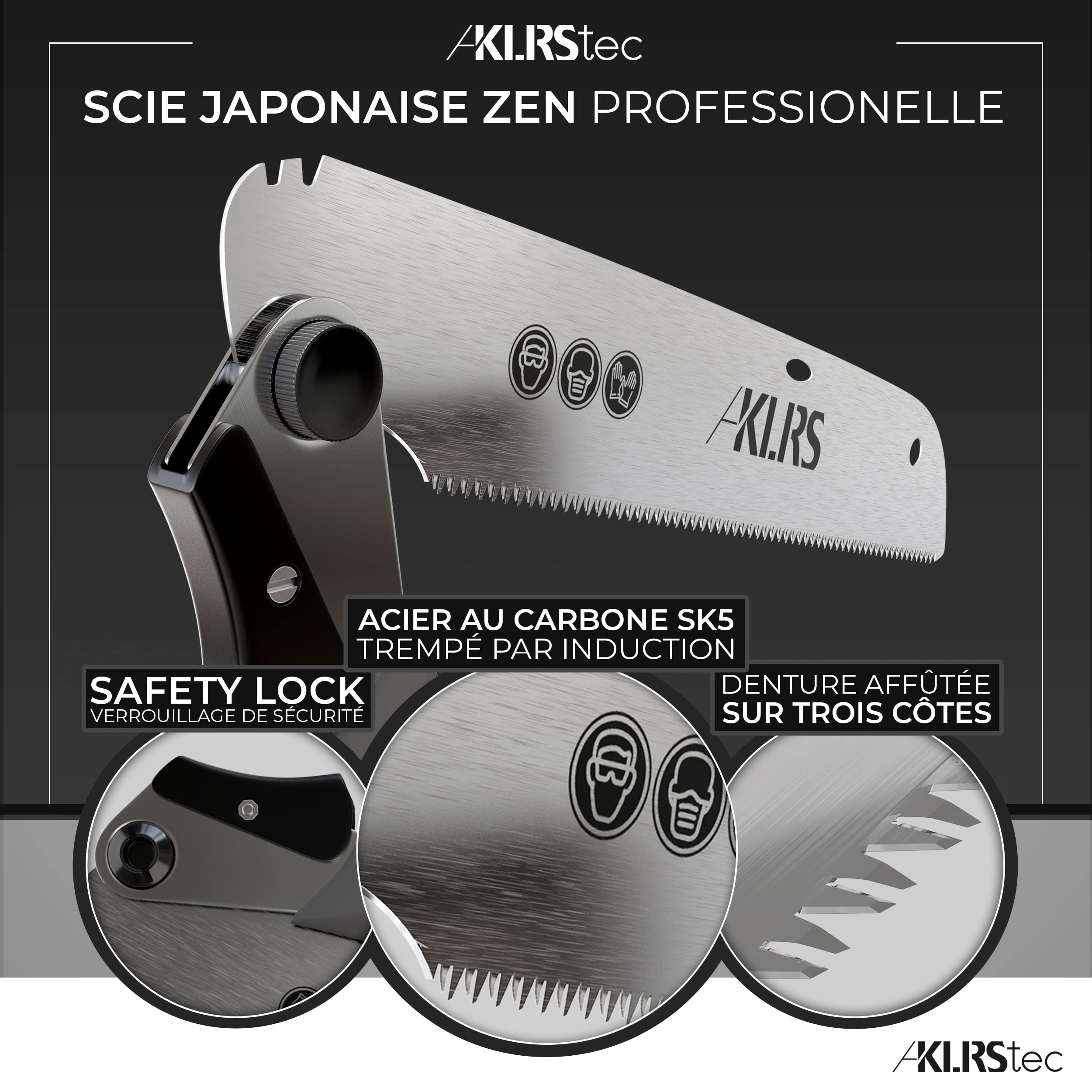KLRStec Scie Japonaise Zen professionnelle - Scie à bois avec une lame de 240 mm [avec sac à pince] Scie pliante d'extérieur avec verrouillage de sécurité en acier au carbone trempé [SK5]