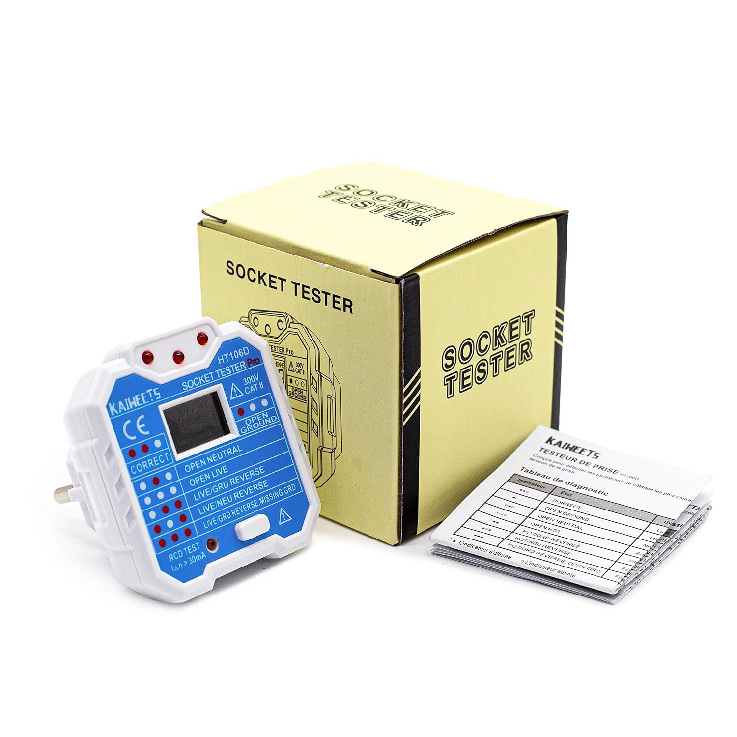 KAIWEETS HT106D Socket Tester with its packaging and instruction manual