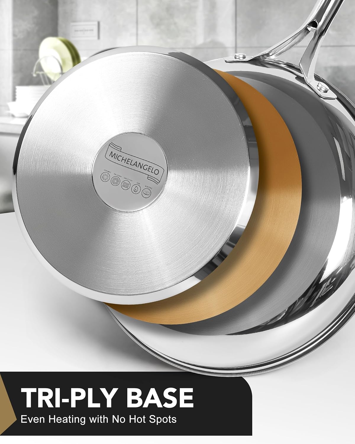 MICHELANGELO Stainless Steel Frying Pan Set with Lid, 8" 10" Cooking Pan set with Triply Base, Stainless Steel Skillet with Ergonomic Handle, Induction Compatible