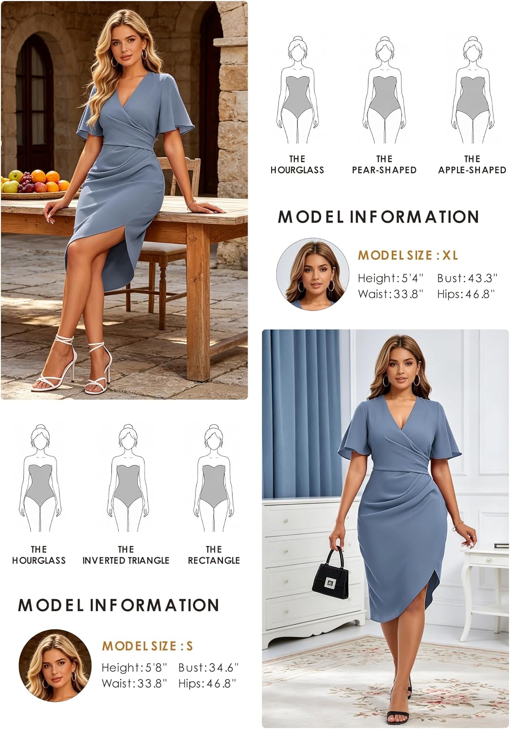 Women's Wrap V Neck Asymmetrical Hem Midi Ruched Cocktail Evening Dress | Back Zipper, Regular Fit, Club Night, Semi Office Formal, Wedding Dinner Date, Flutter Short Sleeve, High Low Irregular Hem