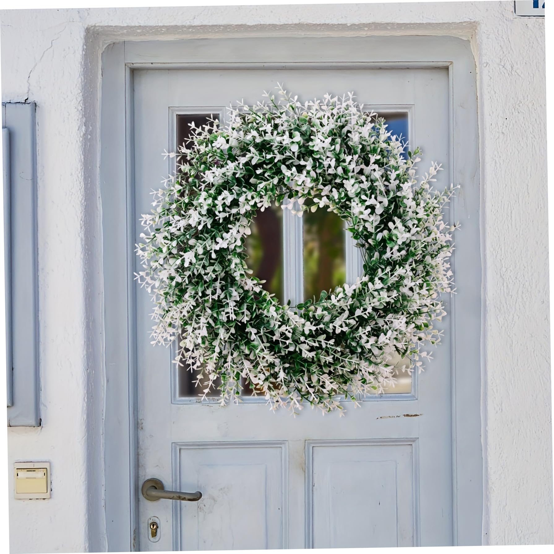 Spring Wreath for Front Door - Elegant Eucalyptus and White Flowers 13.8 Inch Wreath, Farmhouse Door Decor for Year-Round Display, Spring, Garden Décor