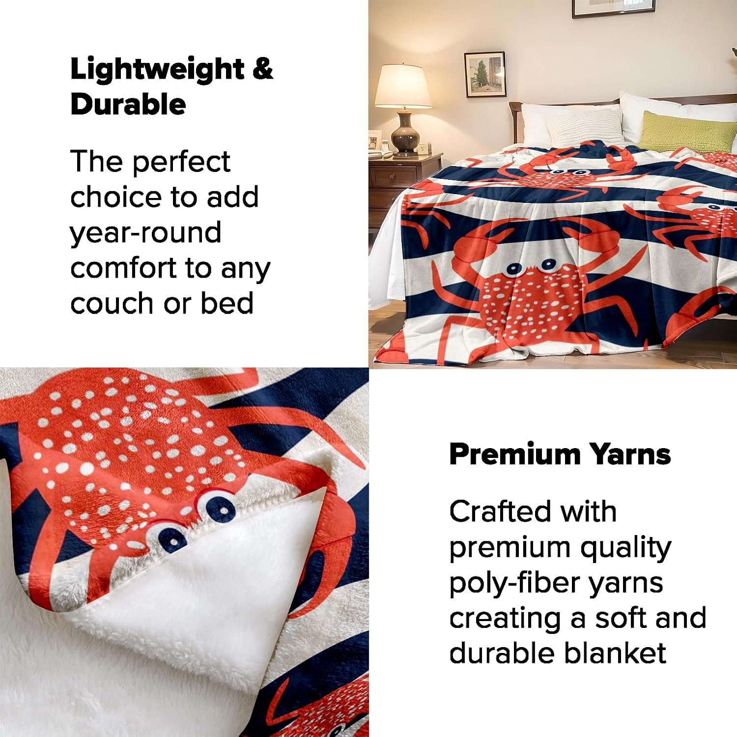 Crab Blanket Gifts - Fun Red Crab Soft Fleece Throw Blankets - Perfect for Beach Lovers, Coastal Decor, and Kids - 50x60 Inches