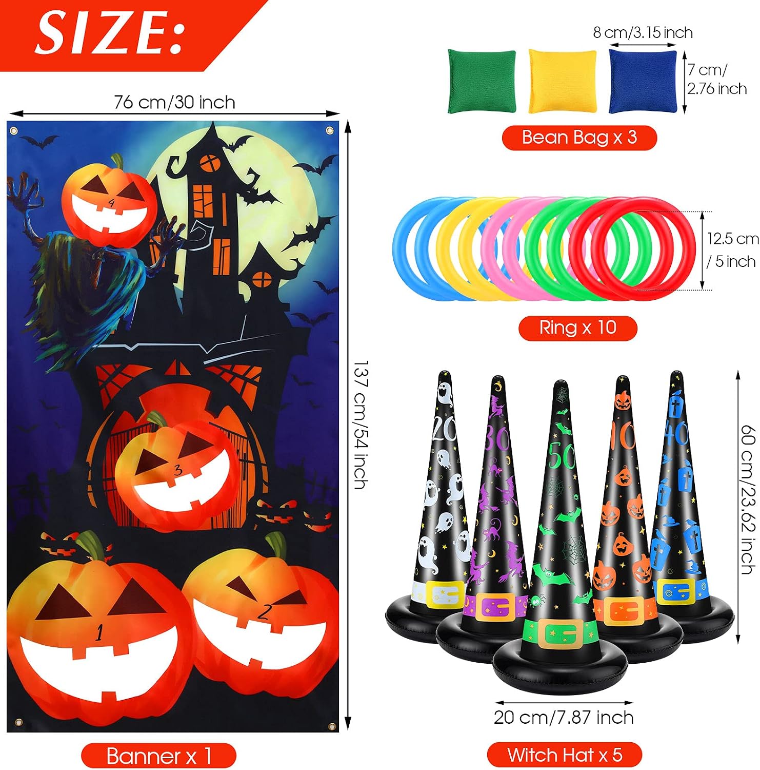 Halloween Toss Game Bean Bag with Ring Toss Game Set with Pumpkin Moon Banner Inflatable Witch Hats and Rings Throwing Games Home Decor Party Favors Supplies Indoor Outdoor Fun for Teens and Adults