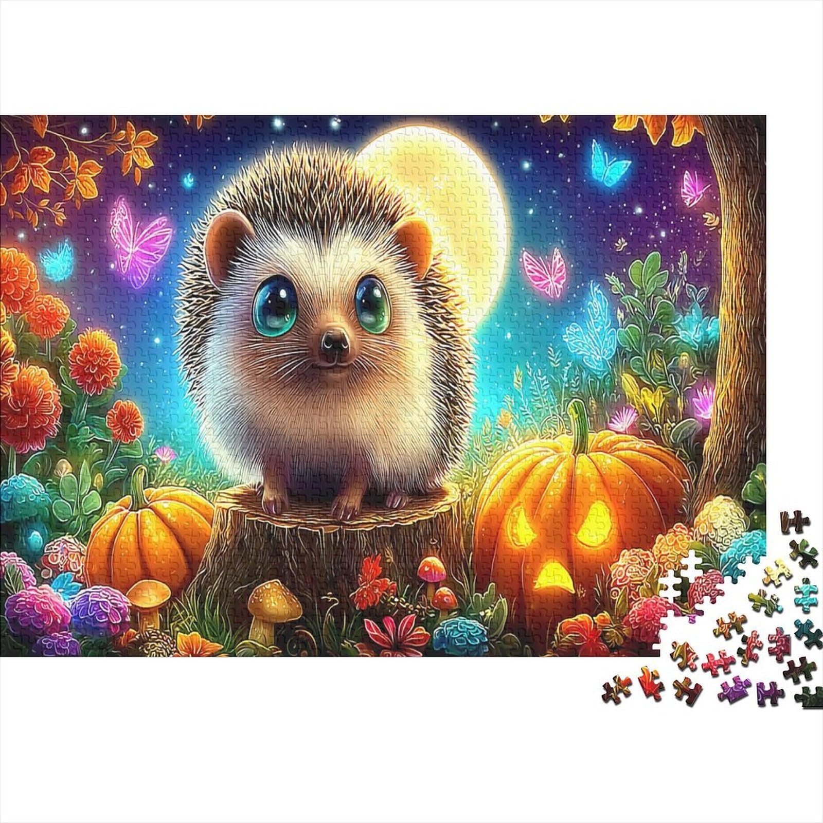 Hedgehog Moonlight 1000 Pieces Jigsaw & Jigsaw Puzzle Eco-Friendly Material Unique Detailed Autumn Hedgehog for Men Age 14+ 38x26cm/1000pcs