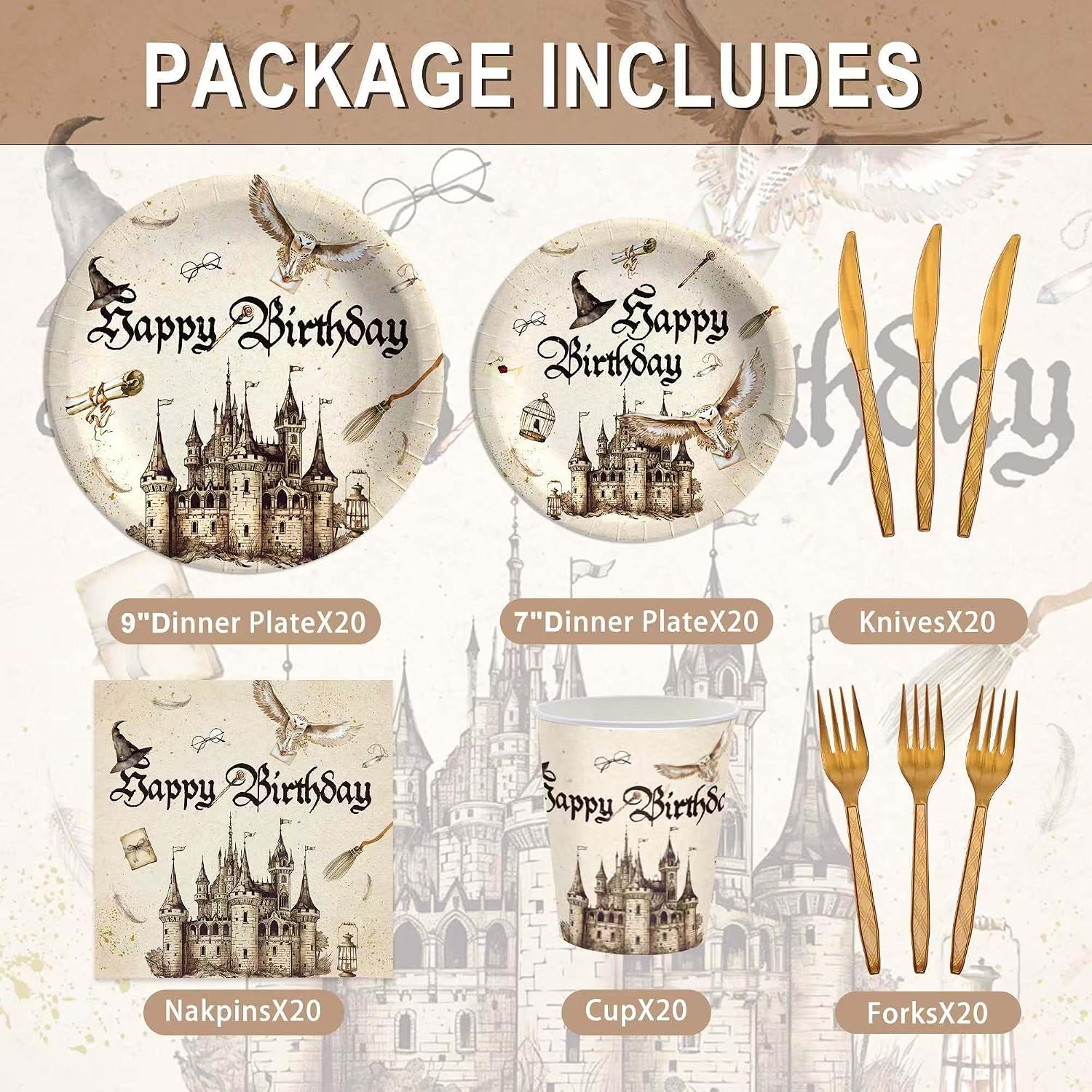 120 Pcs Magical Wizard Party Supplies for Boys Girls Witch Wizard Magic Happy Birthday Tableware Set Magical Party Plates and Napkins Kit Party Serves 20 Guests