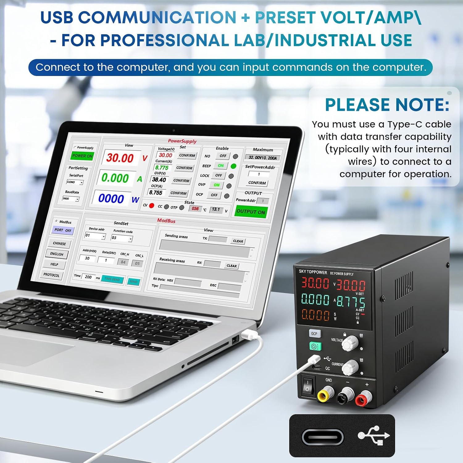 DC Power Supply Variable 32V 10A USB-C PC Control Programmable | Bench Adjustable Lab PSU,OCP,Lock ,Encoder Knob,18W Quick Charge Type-C,Dual Display for Testing,Repair,Battery Charging