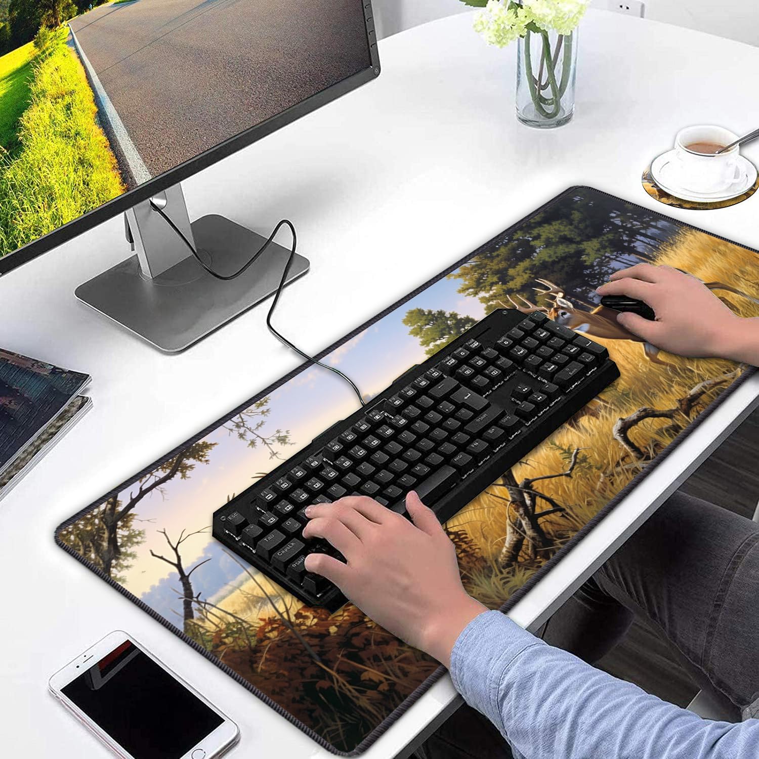 Alfombrilla de ratón extendida para juegos, gran alfombrilla de ratón para juegos, teclado de ordenador, alfombrilla de ratón, base de goma antideslizante para jugadores, oficina, estudio + posavasos,