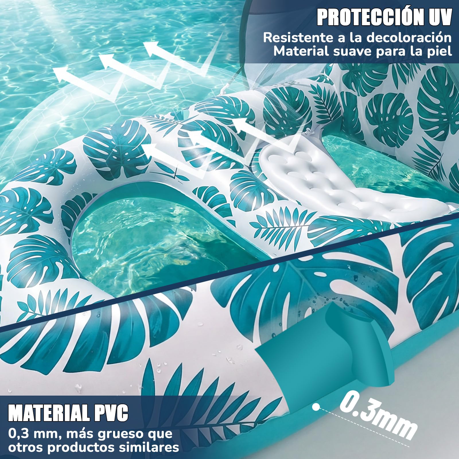 Colchoneta Piscina Adultos, Inflable Flotador con Sombrilla Colchón de Aire Adulto con Portavasos y Respaldo para Verano Piscina Playa
