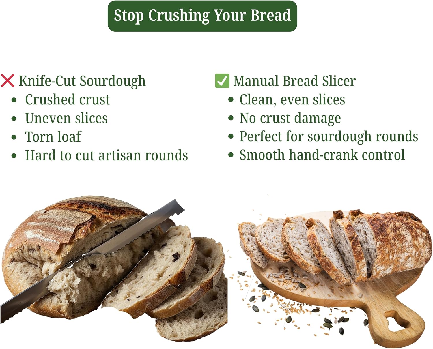 Bread Slicer for Homemade Bread & Sourdough Rounds — Manual Sourdough Slicer, Hand Crank Cutter with Adjustable Thickness, Stainless Steel Blade, Includes Beeswax Bag