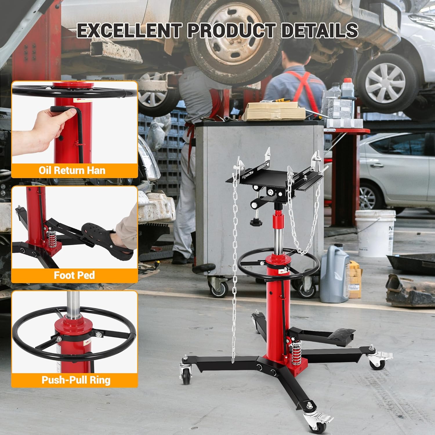 1322 LBS Transmission Jack, 3/5 T Capacity, 34 in-68 in Lifting Range, Hydraulic Telescopic Jack with Foot Pedal, 360° Swivel Wheels & Brakes for Garage/Workshop and Auto Repairs, Red
