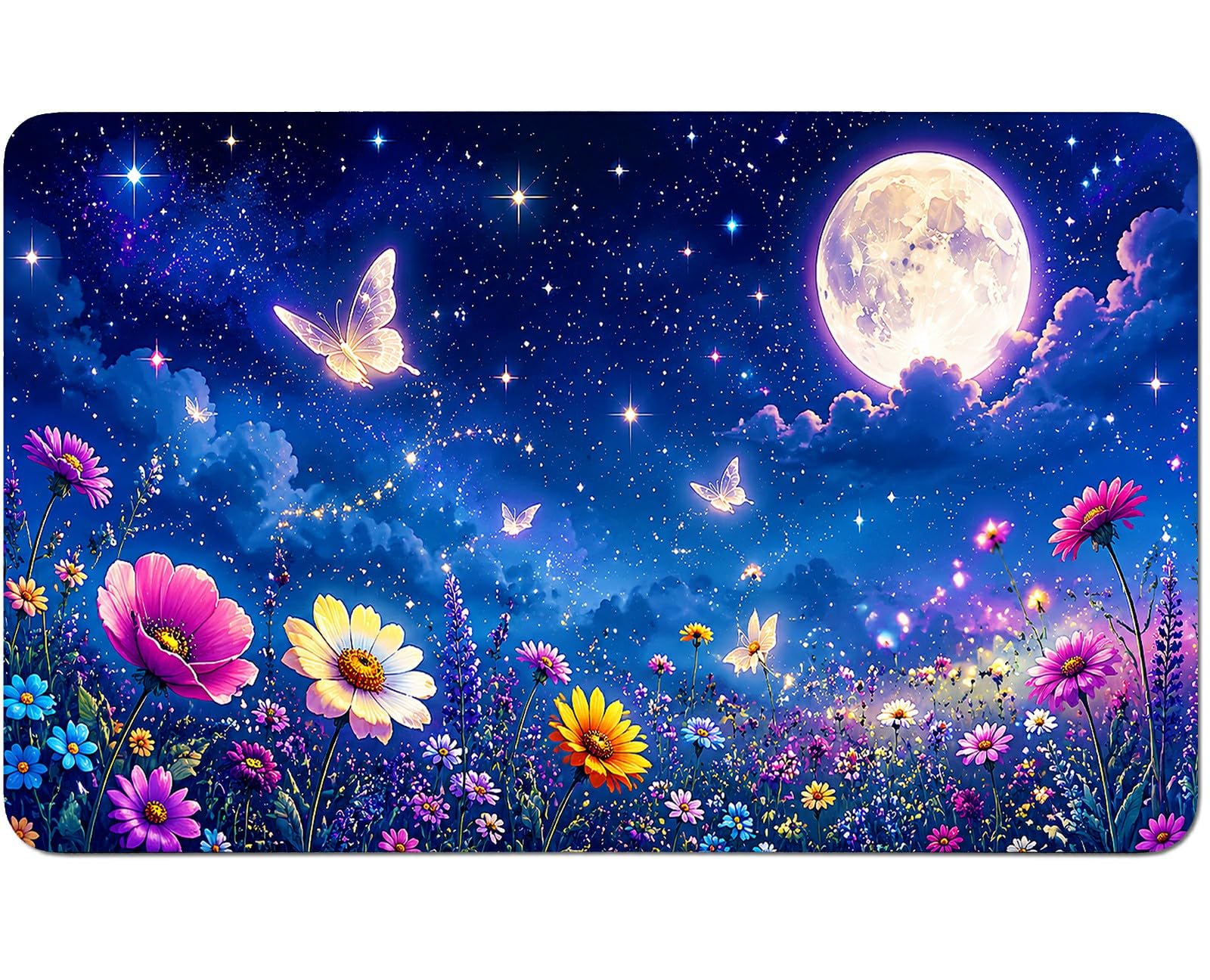 RWUTYTIUL Flower Moon Galaxy for TCG Playmat 24 X 14 Inch with Play Zones, Stitched Card Game Mat for Commander Board MTG RPG CCG Desktop Tablet Mouse Pad for Enthusiasts Playing Accessories
