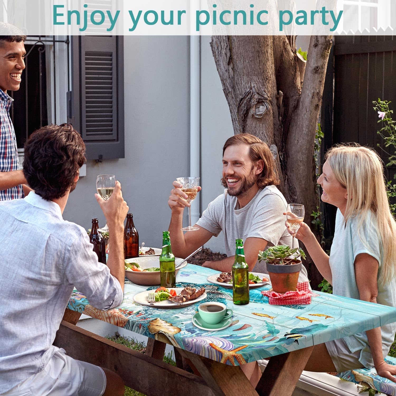 Ocean Sea Turtles Picnic Table Cover with Bench Covers and Bag, Camping Essentials, Waterproof Windproof, Fitted Tablecloth Cover with Elastic Edge, for Indoor & Outdoor, Garden, 3 PCS, 30x72 Inch