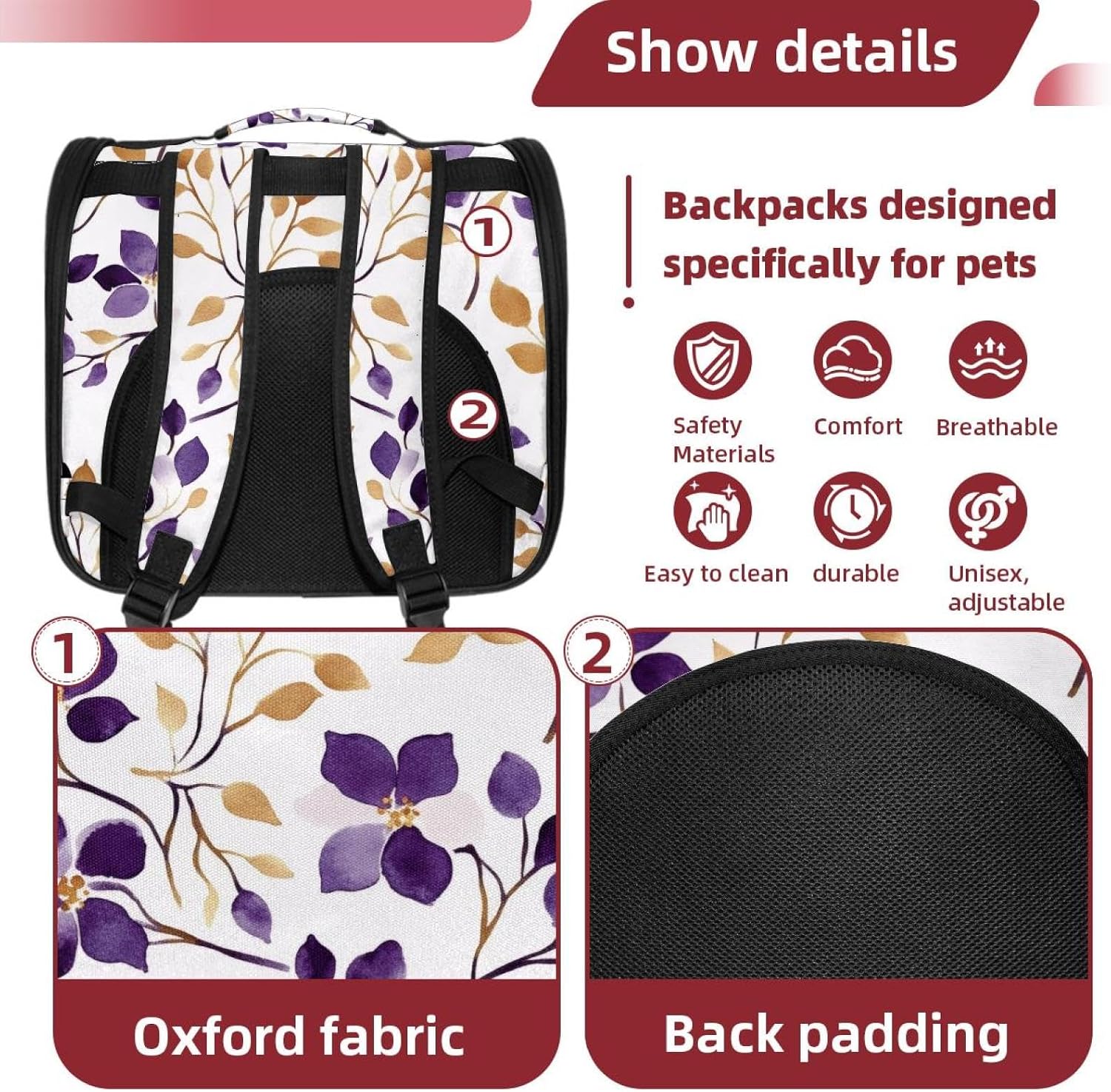 Cat Backpack Carrier for Small Dogs Cats, Soft-Sided Pet Carrier Backpack with Ventilated Mesh Windows and Safety Leash, Purple and Gold Flowers on White Background