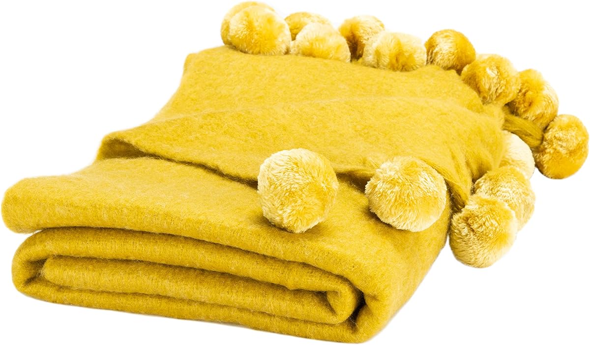 SAFAVIEH Home Collection Shae Mustard 50 x 70-inch Pom Pom Decorative Throw Blanket