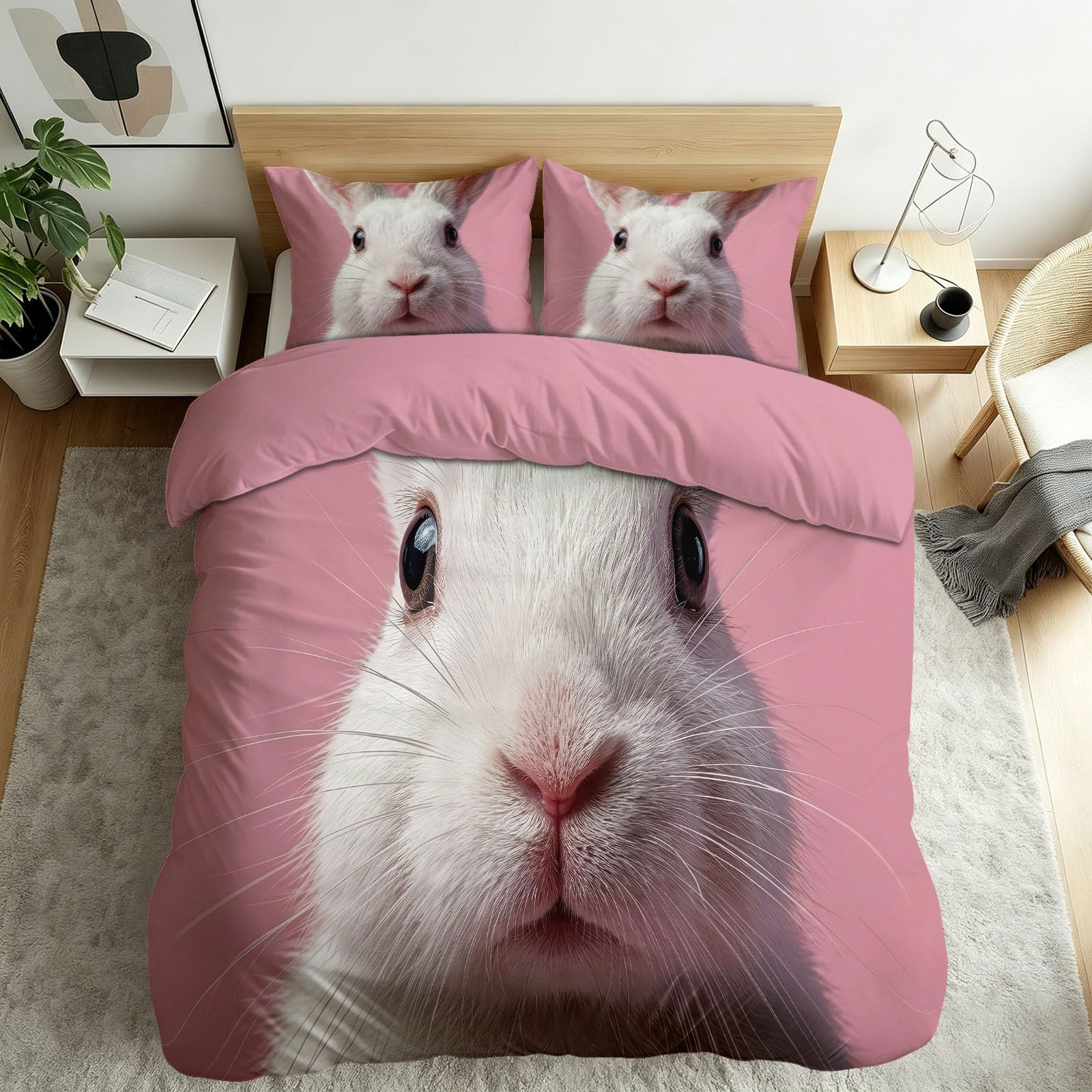 Housse de couette lapin rose 200x200 qui ne décolore pas en microfibre résistante aux lavages