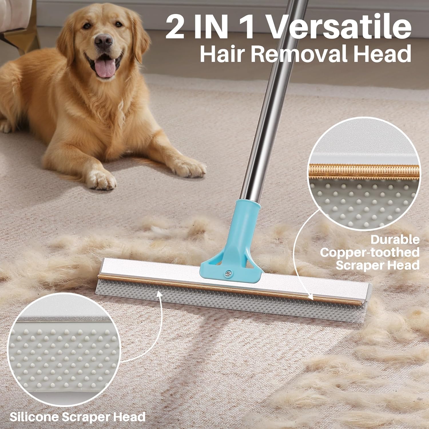 JOYMOOP 2 PCS Pet Hair Removal Tools, 63" Adjustable Long Handle Carpet Rake and Short Handle Carpet Pet Hair Removal, Cat Dog Hair Carpet Rake with Metal and Silicone Scraper for Carpet, Sofa, Cloth