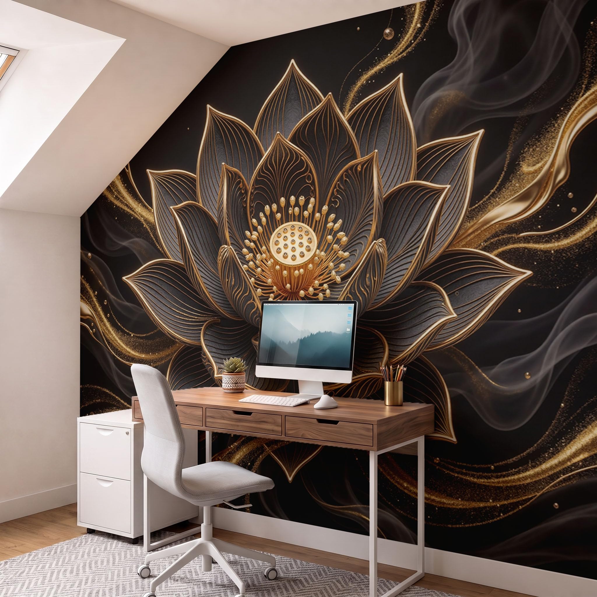 Papier Peint Panoramique 350X256Cm Relief De Lotus Doré En 3D | Noir Papier Peint Intissé Tapisserie Poster Décoration Murale Pour Salon Chambre - Plante De Luxe Ciel Étoilé