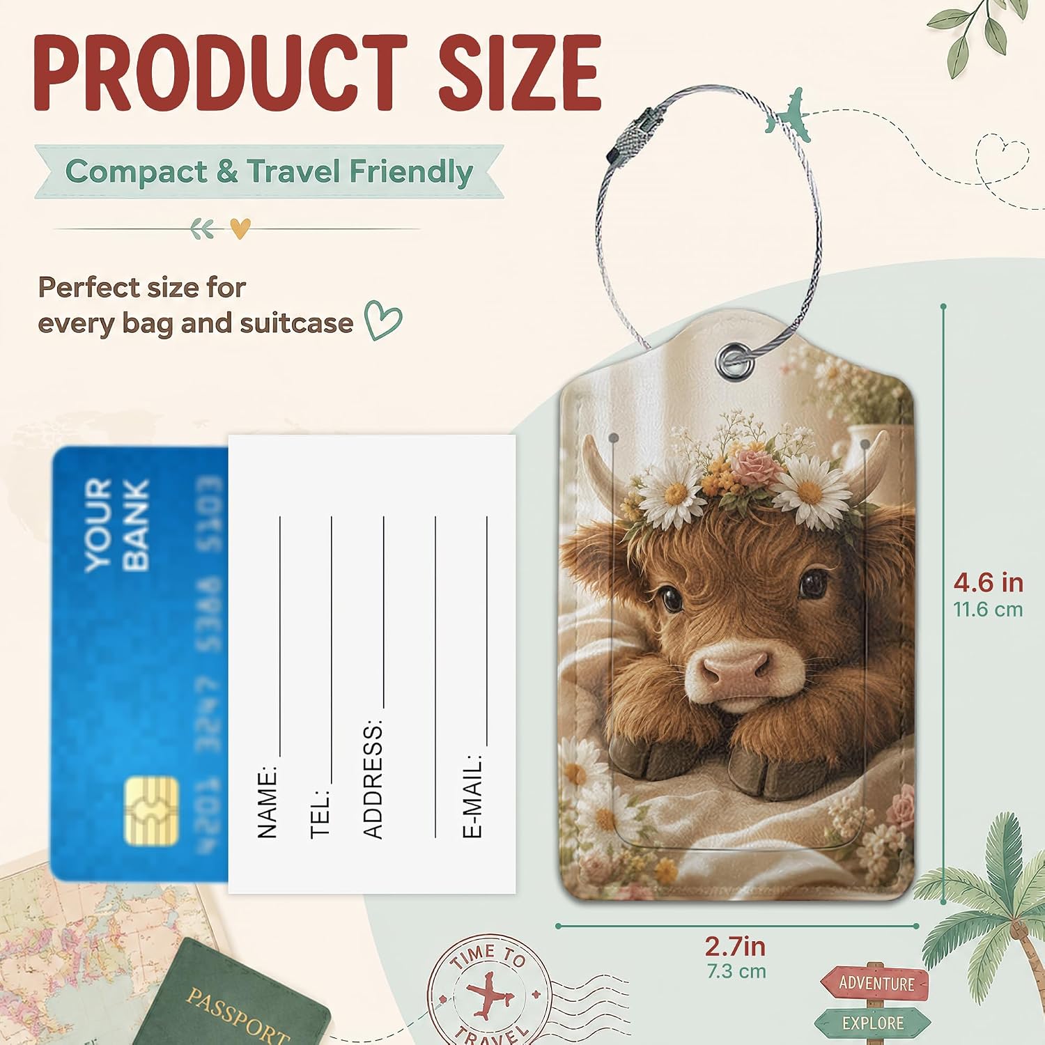 Set of 2 Cute Highland Cow Luggage Tags for Suitcases, Leather Baggage Tags with Privacy Cover ID Card Holder, Stainless Steel Loop Travel Labels for Women and Men image 2