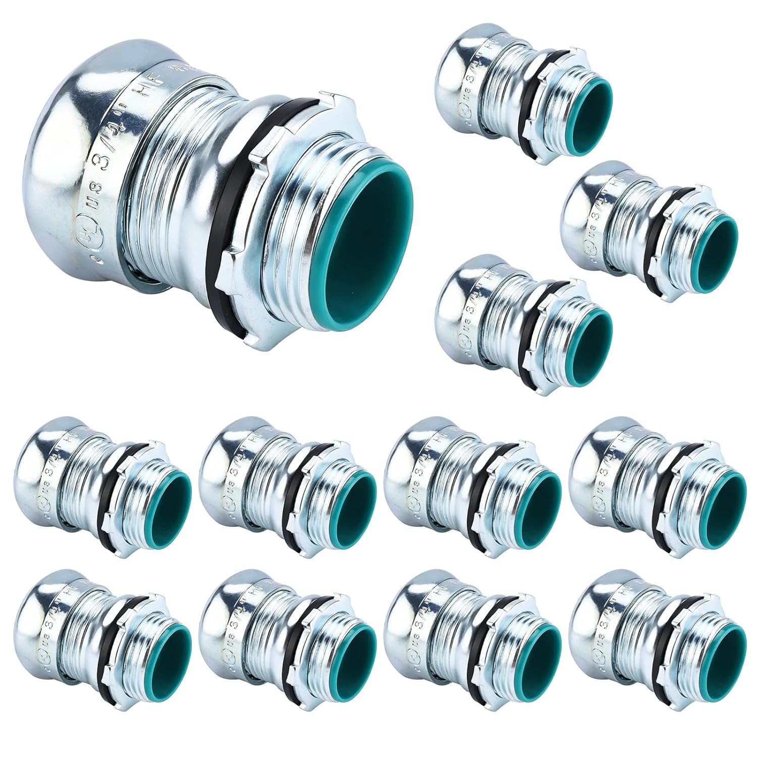 3/4 Inch EMT Raintight Compression Connector, UL Listed Zinc Plated Steel Electrical Conduit Fittings — Waterproof, Insulated for Wet Locations & Outdoor Use, 12 Pack
