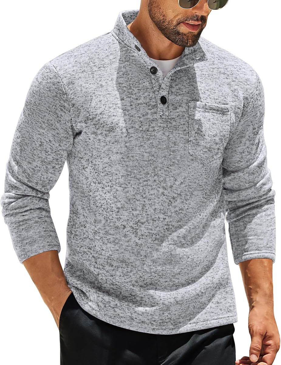 COOFANDY Men's Quarter Button Pullover Sweater Mock Neck Thermal Fleece | Casual Knitted Sweatshirt with Pocket, Long Sleeve Polo Shirts, Henley Neck, Basic and Classic, Daily Office Golf