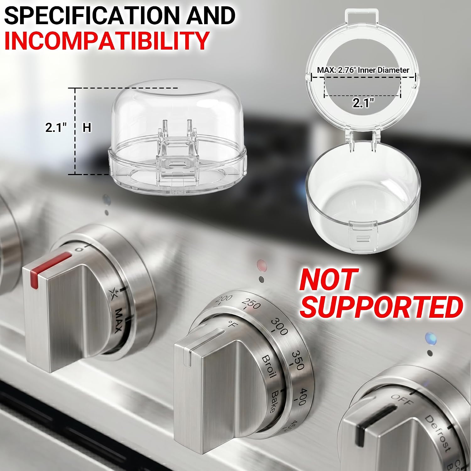 Stove Knob Safety Covers, V0-Grade Flame Retardant & Heat-Resistant, Universal Gas Knob Locks for Kitchen Stove & Oven, Oven Door Lock for Child Safety, Clear (5 Covers + 1 Lock)
